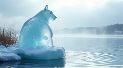Translucent Ice Statue By Shimmering Lake Ripples