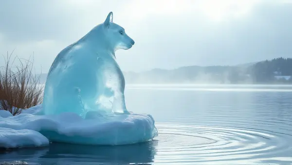 Translucent Ice Statue By Shimmering Lake Ripples