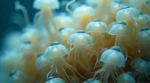 Close-up of many translucent bell-shaped jellyfish with trailing tentacles in soft light