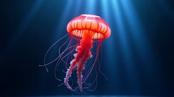 Translucent Scarlet Cnidarian With Tentacles Under Light