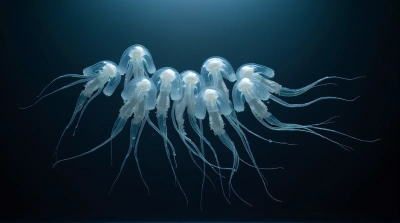 Translucent Sea Creatures With Tentacles On Dark Background