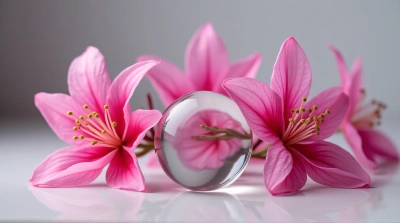 Transparent Sphere Next To Vibrant Magenta Blossoms