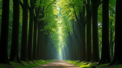 Tree Trunk Corridor With Canopy And Dappled Light