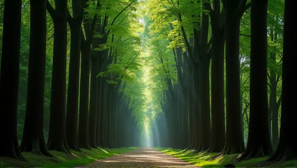 Tree Trunk Corridor With Canopy And Dappled Light