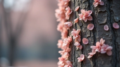 Tree Trunk Covered In Pale Petals Close-Up