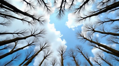 Tree Trunks Reaching Sky With Cloudy Blue Background