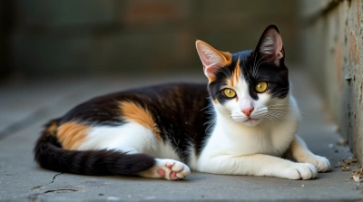 Tricolor Cat Lounging on Gray Cement Surface