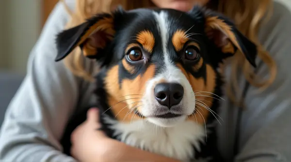 Tricolor Dog Cradled With Soft Natural Light