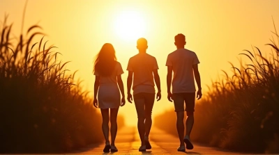 Trio Silhouettes Moving Along Narrow Path