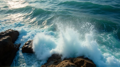 Turbulent Sea Surge Crashing On Jagged Rocks