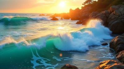 Turquoise Ocean Waves Crashing Rocky Coastline