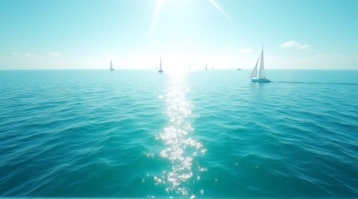 Turquoise Sea Horizon With Sailboats And Sunlight