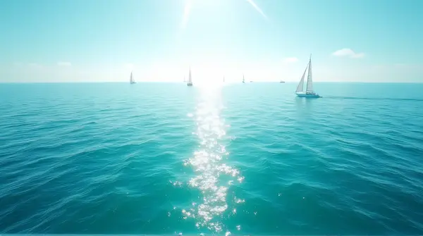 Turquoise Sea Horizon With Sailboats And Sunlight