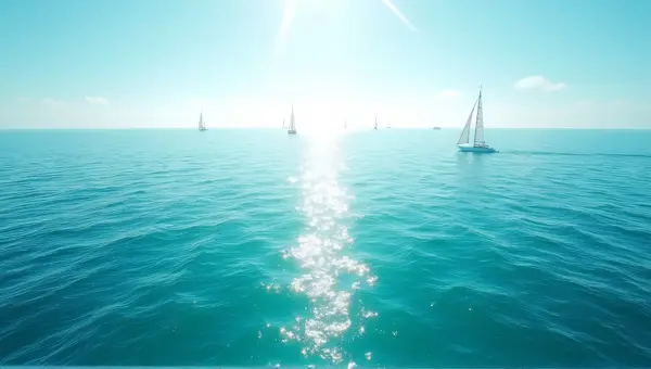 Turquoise Sea Horizon With Sailboats And Sunlight