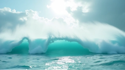 Turquoise Sea Spray Under Cloudy Sky