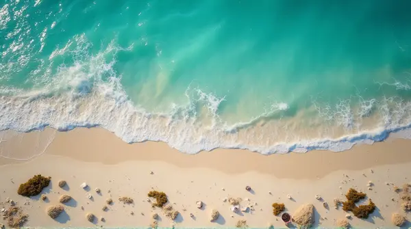 Top-down view of turquoise water touching sandy shore scattered with shells and seaweed patterns