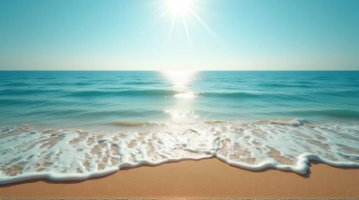Turquoise Waves Meeting Fine Granules Under Clear Sky