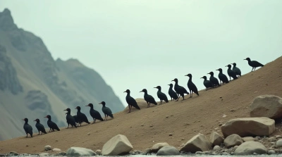 Tuxedo Birds Waddling In Line On Jagged Hillside
