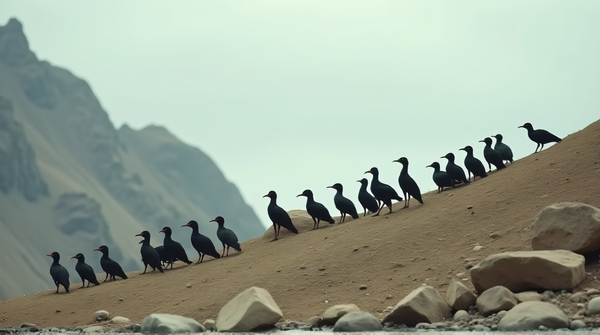 A group of tuxedoed birds waddling in single file along a steep jagged hillside with scattered boulders under an overcast sky.
