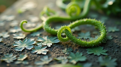 Twisting Tendrils With Varied Leaf Patterns Close-Up