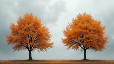 Two Amber Trees Against Moody Sky