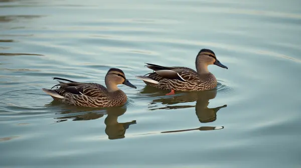 Two Ducks Gliding On Quiet Pond
