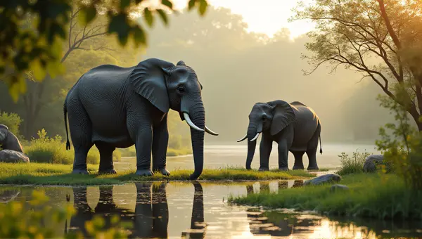 Two Large Elephants By Peaceful Lake With Greenery