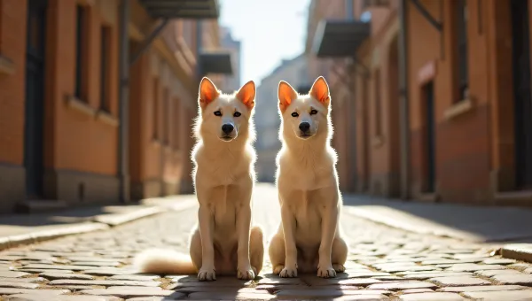 Two Pale Dogs On Sunlit Cobblestone Street