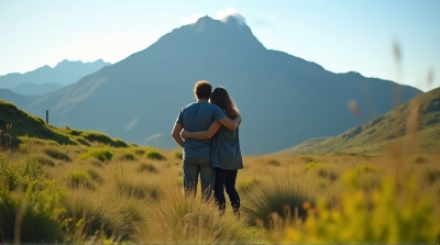 Two People Embracing Near Mountain Range