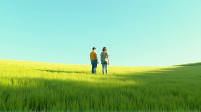 Two People Enjoying Sunny Green Meadow Landscape