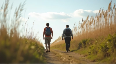 Two People Strolling Near Tall Green Plants Under Blue Sky