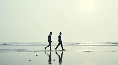 Two People Walking On Coastal Edge With Footprints