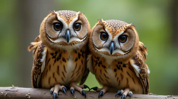 Two Perched Owls Close Together Outdoors