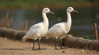 Two Waterfowl Standing by Rustic Fence