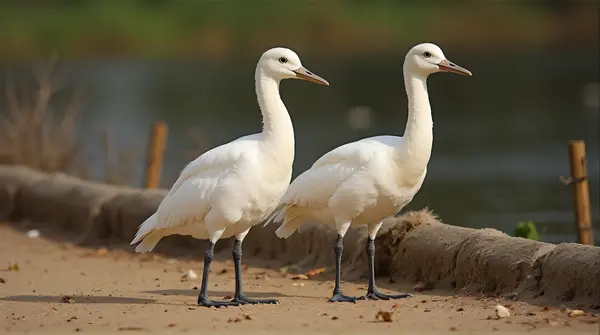 Two Waterfowl Standing by Rustic Fence