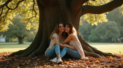 Two Women Embracing Near Oak Tree With Fallen Leaves