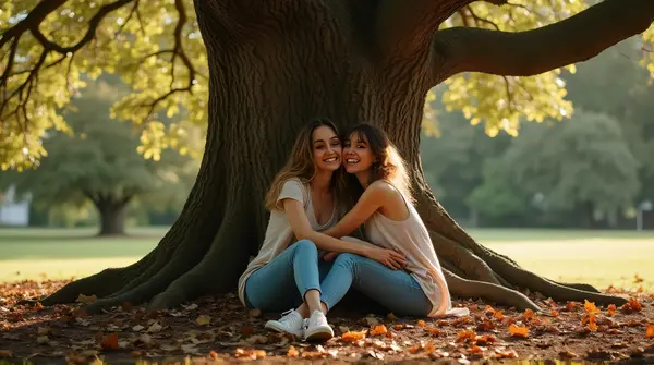 Two Women Embracing Near Oak Tree With Fallen Leaves