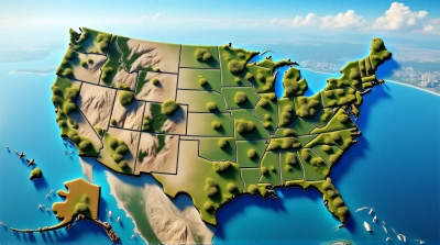 United States Map Composed of Diverse Landscapes and Urban Areas