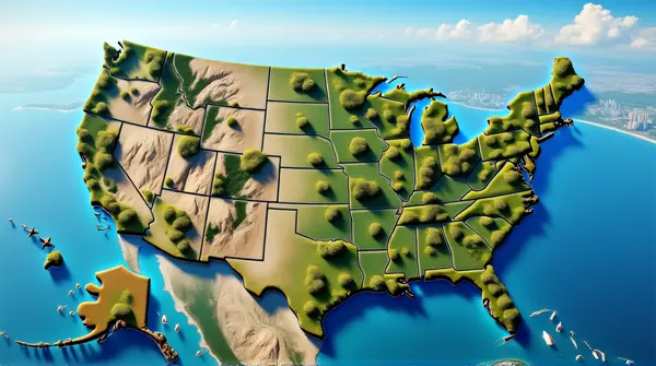 Aerial view of the United States map made from various landscapes, cities, and landmarks under clear skies.