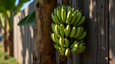 Unripe Bananas Hanging On Stalk With Sunlight Shadows