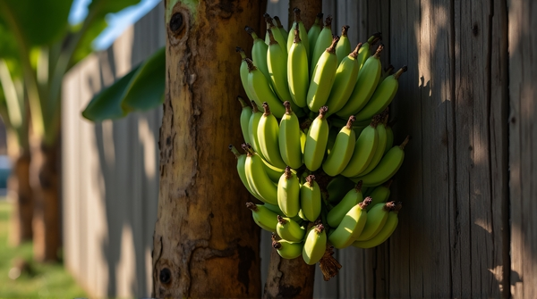 Cluster of unripe bananas hanging on stalk with sunlight casting shadows nearby an aged timber boundary