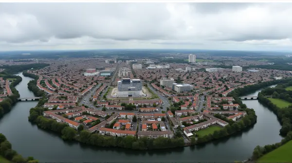 Dense cluster of urban buildings and homes near winding roads and rivers under a cloudy sky framed by green parks