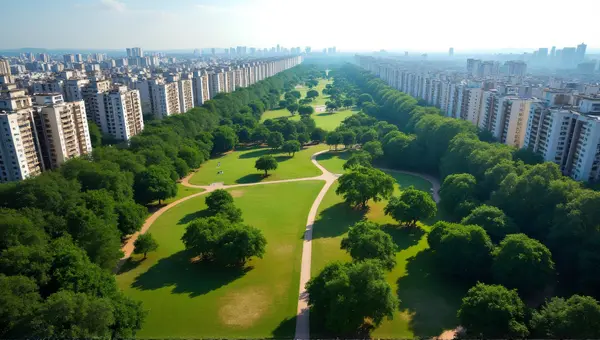 Urban Green Oasis Surrounded By Dense Buildings