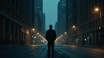 Urban Night Scene With Man Shadow Outline
