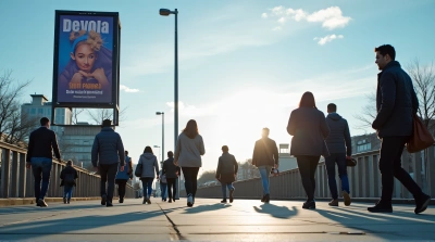 Urban Pedestrians Near Tall Billboard Structure