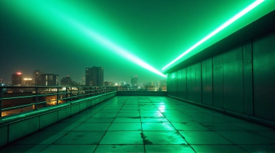 Urban Rooftop At Dusk With Emerald And Onyx Beams