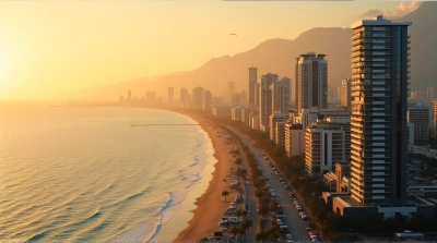 Urban Shoreline At Golden Hour Light