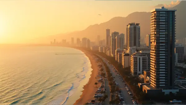Urban Shoreline At Golden Hour Light