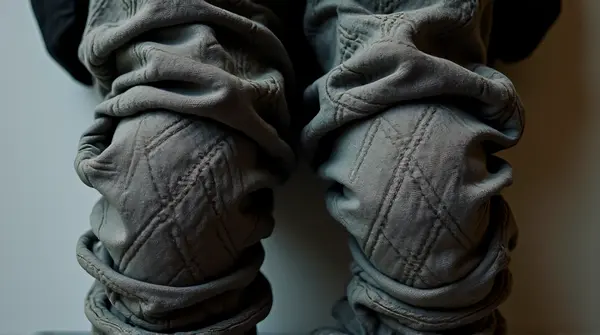 Top-down close-up of urban streetwear highlighting detailed stitching and patterned seams on leg coverings
