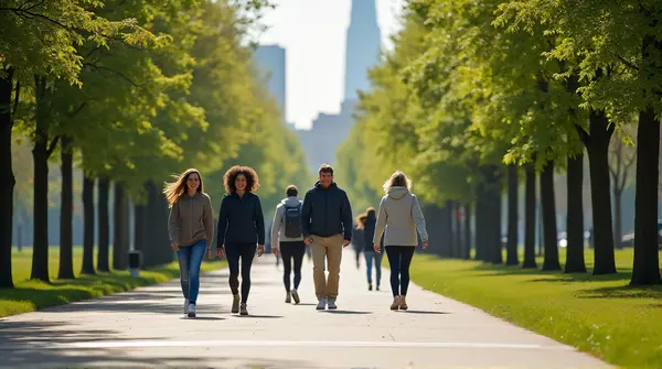 Urban Trail Walkers Under Clear Sky